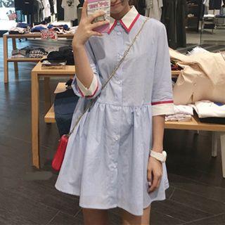 Contrast Trim 3/4-sleeve A-line Mini Shirtdress