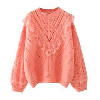 Lace Trim Pointelle Knit Sweater