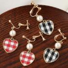 Plaid Heart Faux Pearl Dangle Earring 1 Pair - Clip On Earrings - Red & White - One Size