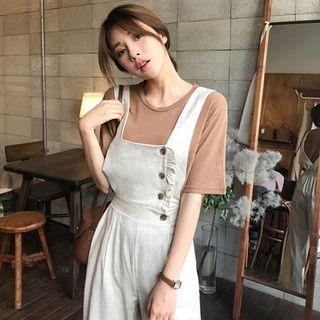 Round-hem Linen Blend T-shirt Light Brown - One Size