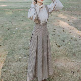 Set: Long-sleeve Tie-neck Blouse + Check Midi A-line Suspender Skirt