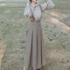 Set: Long-sleeve Tie-neck Blouse + Check Midi A-line Suspender Skirt