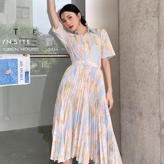 Short-sleeve Print Shirt / Pleated Midi A-line Skirt