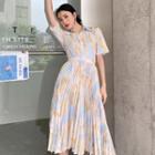 Short-sleeve Print Shirt / Pleated Midi A-line Skirt