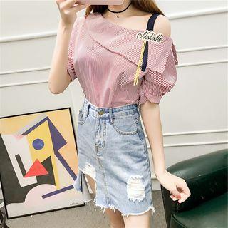 Set: Short-sleeve Striped Top + Denim Skirt