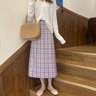 Plaid Split A-line Midi Skirt