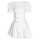 Puff-sleeve Textured Irregular Mini A-line Dress