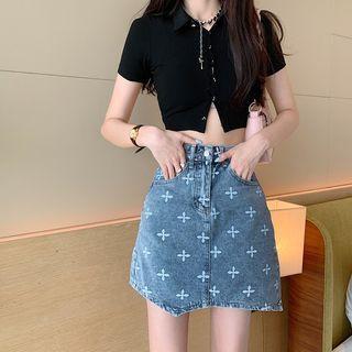 Crisscross Embroidered Asymmetrical A-line Denim Skirt