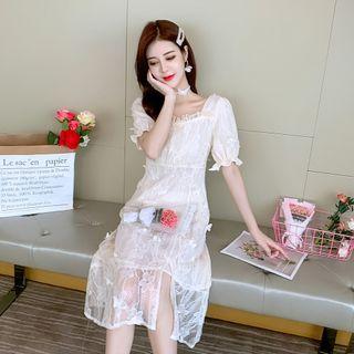 Puff-sleeve Square Neck Lace Sheath Dress
