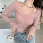 Halter-neck Fluffy Trim Ribbed Knit Top