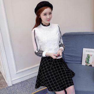 Set: Lace Chiffon Blouse + A-line Check Skirt