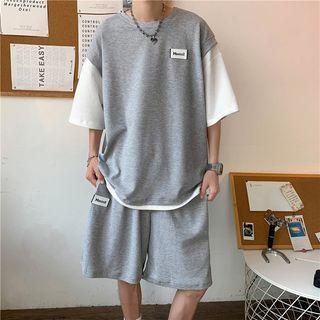 Set: Mock Two-piece Elbow-sleeve T-shirt + Wide Leg Sweatshorts