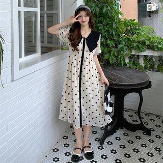 Short-sleeve Collar Dotted Midi A-line Dress Dotted - Beige - One Size