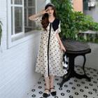 Short-sleeve Collar Dotted Midi A-line Dress Dotted - Beige - One Size