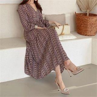 V-neck Patterned Long Chiffon Dress
