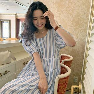 Puff-sleeve Striped Midi A-line Dress Sky Blue - One Size