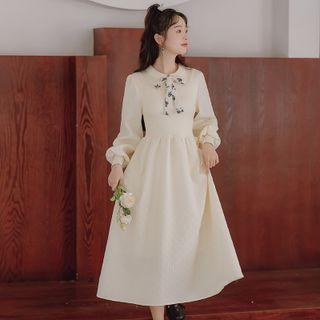 Long-sleeve Floral Bow Collared Knit Midi A-line Dress