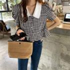 Check Short-sleeve Slim-fit Blouse Black - One Size