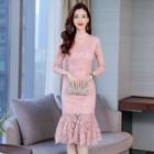 Lace Long-sleeve Ruffle Hem Sheath Dress