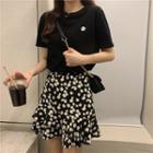 Floral Print Mini A-line Skirt / Flower Embroidered Short-sleeve T-shirt / Set