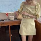 Set: Elbow-sleeve Floral Print Blouse + Mini A-line Skirt