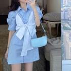 Inset Camisole Short-sleeve Shirtdress Blue - One Size