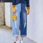 Two-tone Distressed Wide-leg Jeans