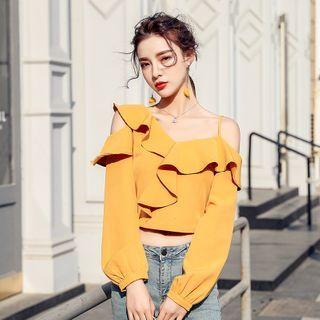 Ruffle Trim Asymmetric Cold-shoulder Long-sleeve Cropped Blouse