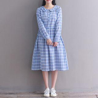 Plaid Collared Long-sleeve Midi A-line Dress
