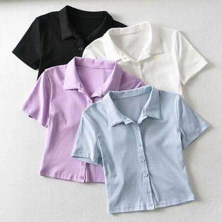 Collared Buttoned Short-sleeve Cropped Top