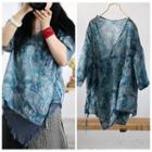 Ethnic Patterned Elbow-sleeve Top Blue - One Size