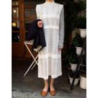 Set: Drawstring-waist Crochet Lace Dress + Long-sleeve Dress