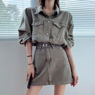 Set: Long-sleeve Plain Single-breasted Jacket / High-waist Plain Skirt