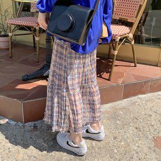 Crinkled Tiered Long Plaid Skirt