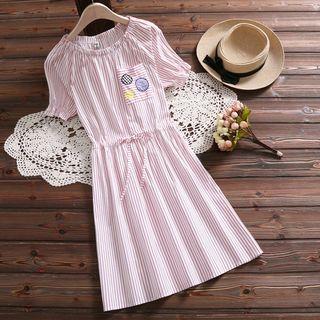 Short-sleeve Striped Embroidered Pocket A-line Dress