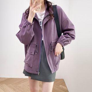 Mock-neck Plain Zip Pocket Oversize Jacket