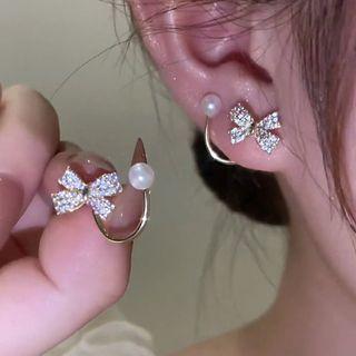 Bow Faux Pearl Stud Earring 1 Pair - Gold - One Size