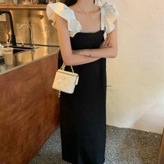 Ruffle Spaghetti Strap Midi A-line Dress Black - One Size