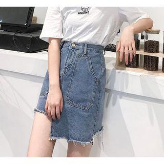 Asymmetric Mini Denim Pencil Skirt