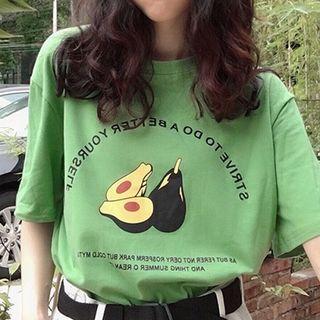 Picture Print Crewneck Short-sleeve Top Green - One Size
