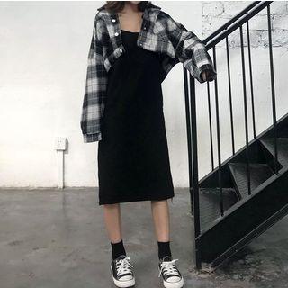 Cropped Plaid Jacket / Spaghetti-strap Slit Dress / Set Of 2