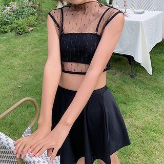 Set: Tankini Top + Mesh Coverup + Bottom + Swim Skirt