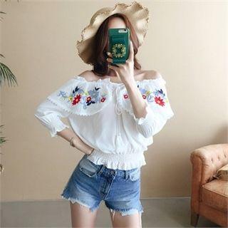 Off-shoulder Floral-embroidered Blouse
