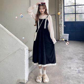 Velvet Strappy Midi Dress + Chiffon Shirt