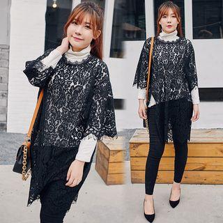 Set: 3/4-sleeve Lace Top + Long-sleeve High Neck Top