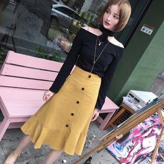 Cut Out Shoulder Long Sleeve T-shirt /buttoned Midi Skirt