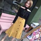 Cut Out Shoulder Long Sleeve T-shirt /buttoned Midi Skirt