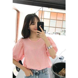 Puff-sleeve Tie-back Gingham Top