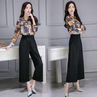 Set: Cat Print Blouse + Wide Leg Pants