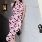 Sleeveless Floral Print Bodycon Qipao Dress